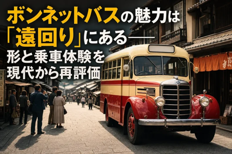 昭和の商店街に停車する丸いボンネットのレトロバス。