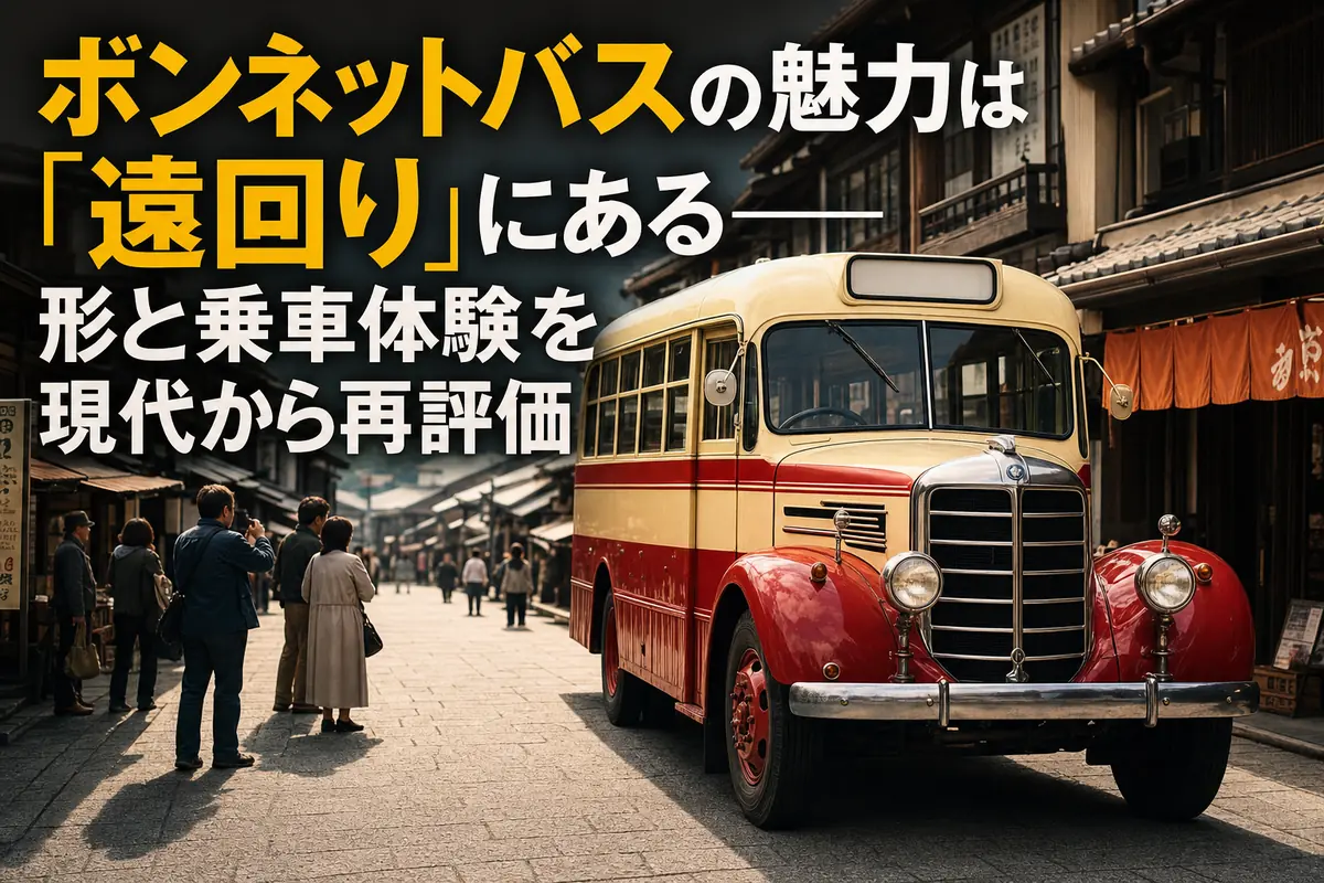 昭和の商店街に停車する丸いボンネットのレトロバス。
