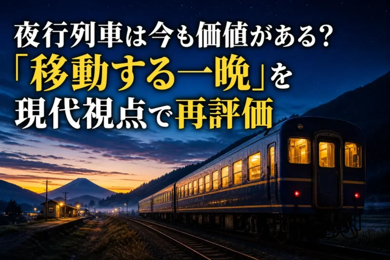 夜明け前の日本の風景を走る夜行列車。