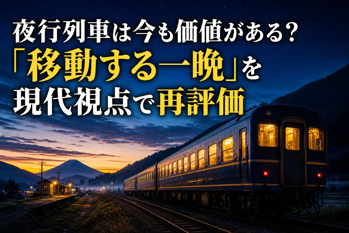 夜明け前の日本の風景を走る夜行列車。