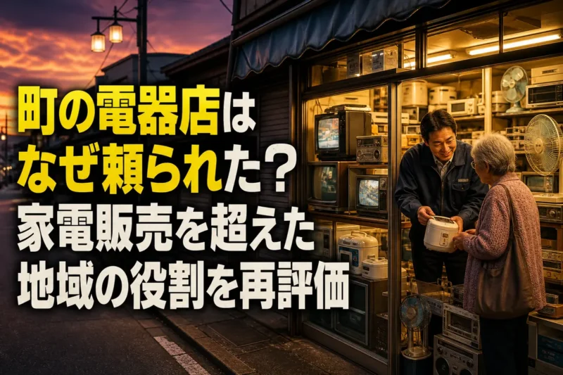 町の電器店の前で店主と地域住民が話している様子。