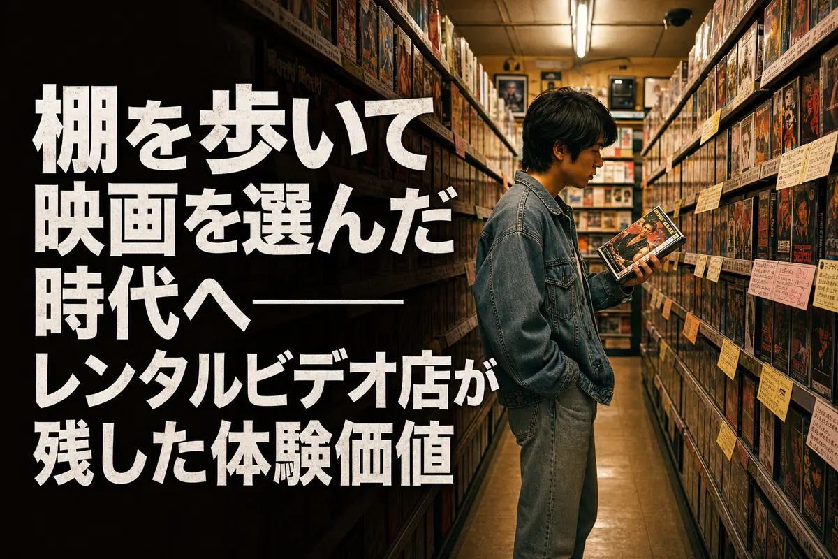 VHSケースが並ぶレンタルビデオ店の棚で作品を選ぶ様子。