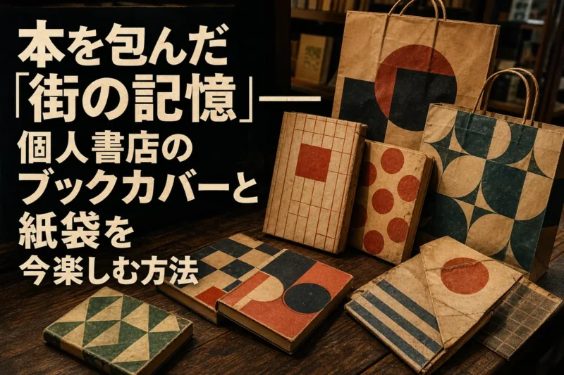 個人書店の古いブックカバーや紙袋を本とともに並べた様子。
