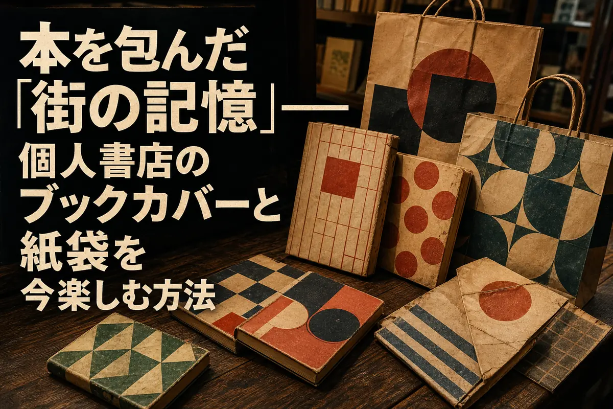 個人書店の古いブックカバーや紙袋を本とともに並べた様子。