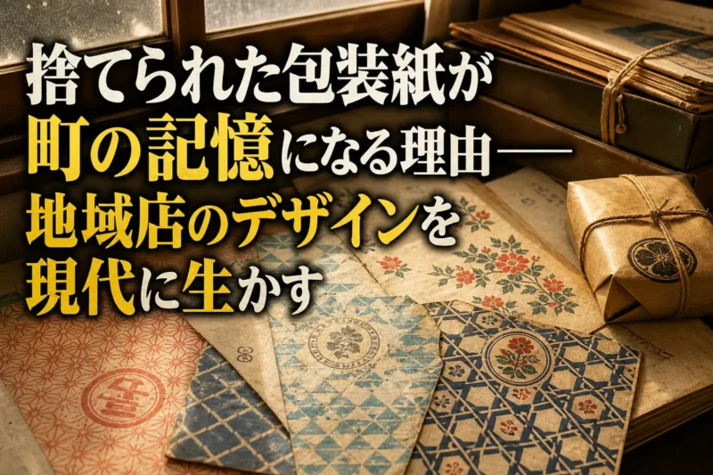 古い地域商店の包装紙と保存用フォルダーを木の机に並べた様子。