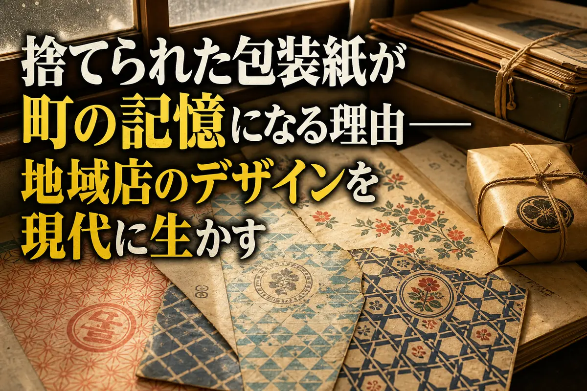 古い地域商店の包装紙と保存用フォルダーを木の机に並べた様子。