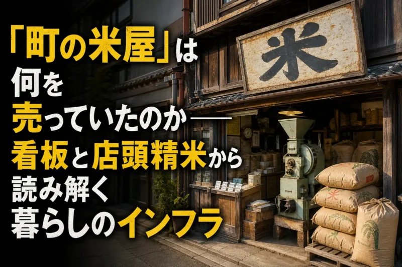昭和の町角にある米屋の看板と店頭の精米機。