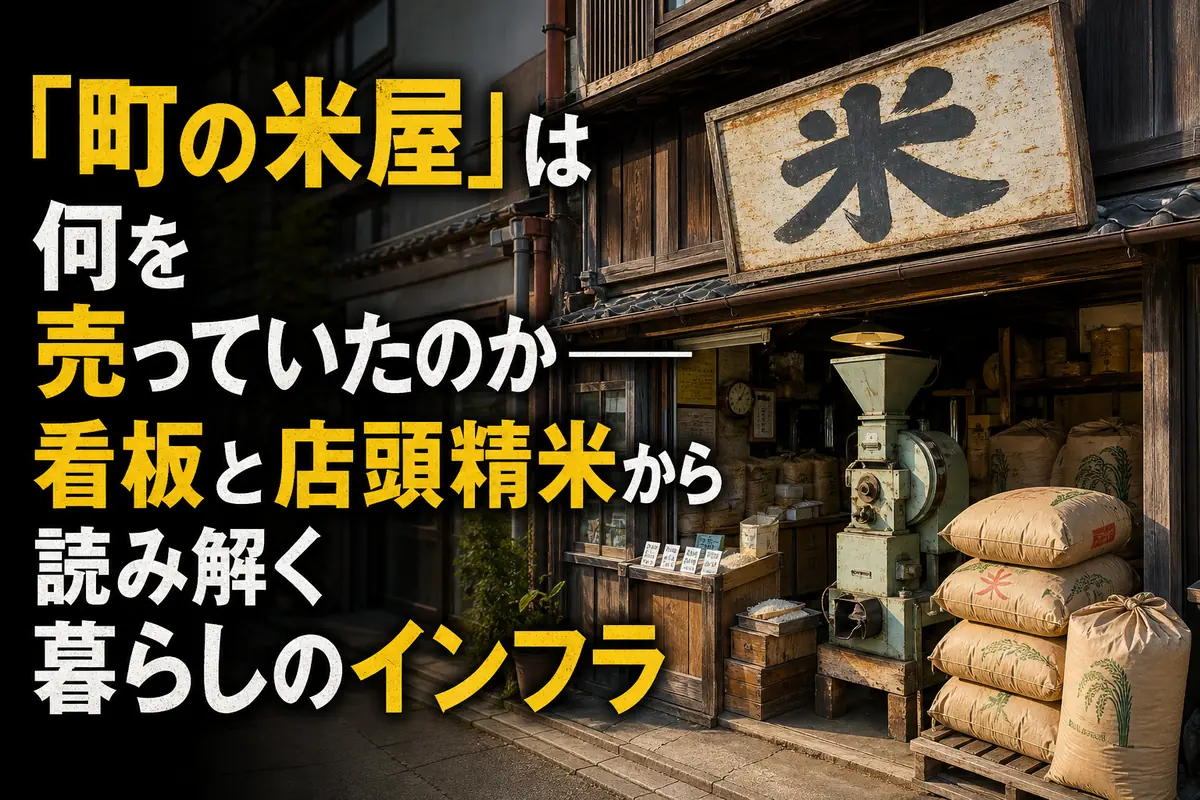昭和の町角にある米屋の看板と店頭の精米機。