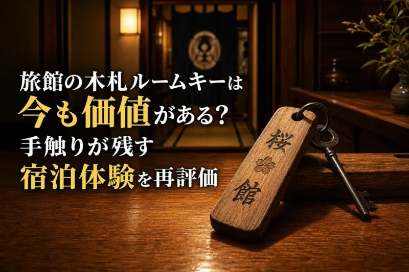 旅館の受付に置かれた木札付きの金属製ルームキー。
