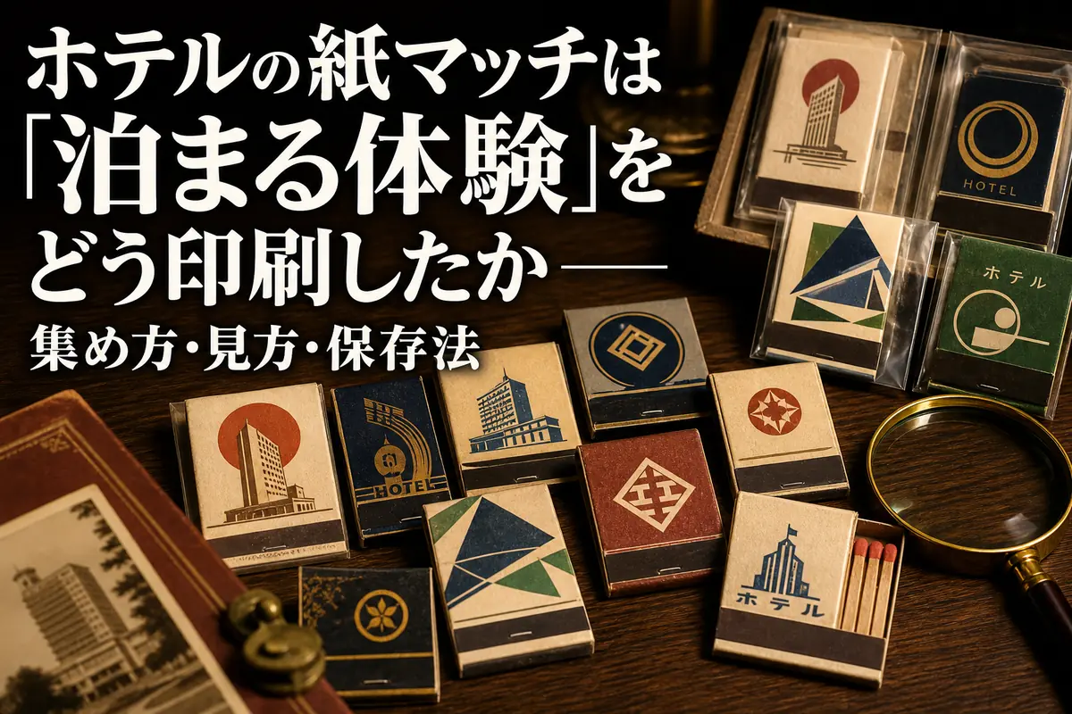 昭和から平成初期のホテル紙マッチを木の机に並べたコレクション。