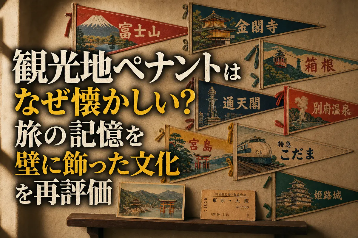 昭和の観光地ペナントを壁に飾ったレトロな展示風景。