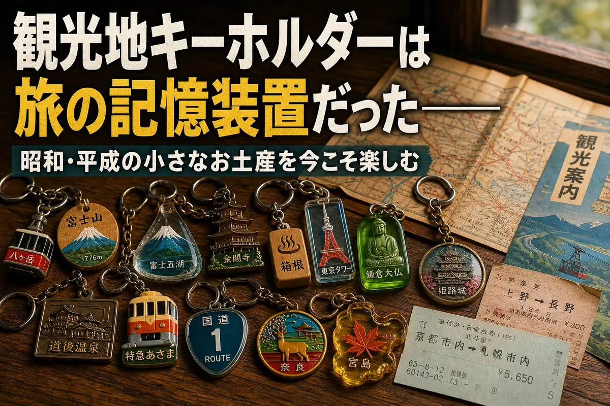 古い旅行地図の上に昭和・平成の観光地キーホルダーを並べた様子。