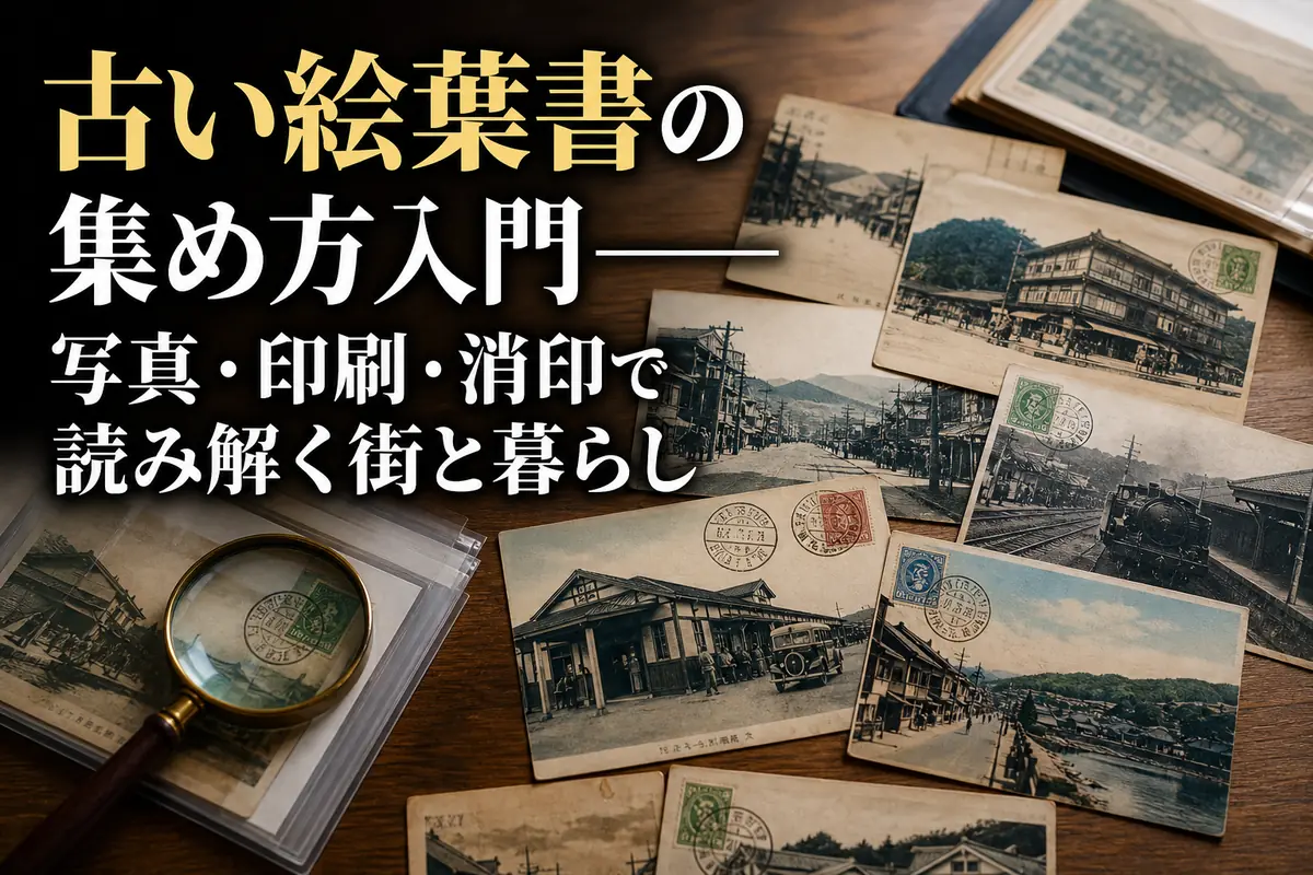 古い街並みの絵葉書と消印をルーペで調べる収集風景。