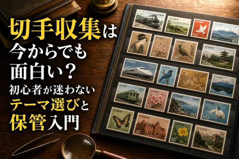 昭和から平成初期の切手を収めたストックブックと収集道具。