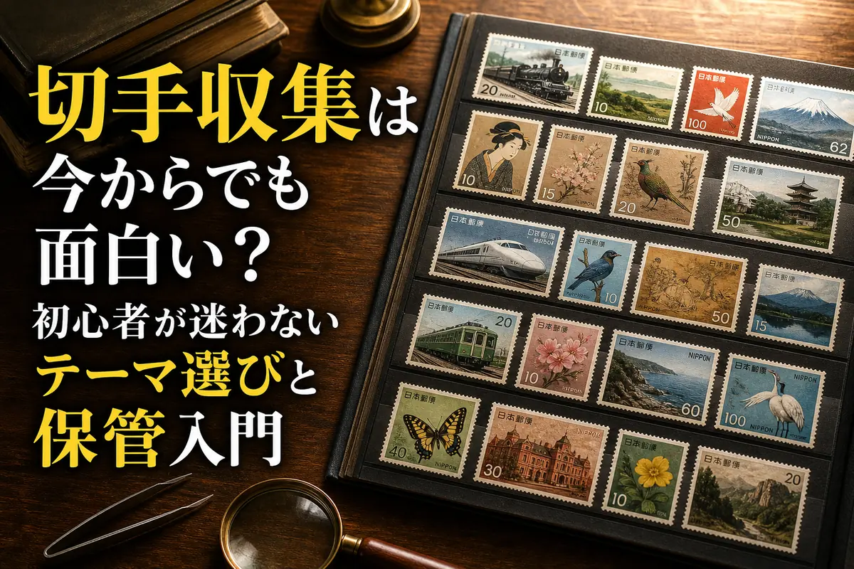 昭和から平成初期の切手を収めたストックブックと収集道具。