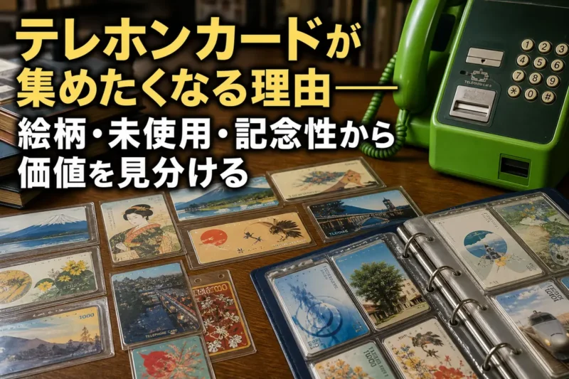 古いテレホンカードと緑の公衆電話を並べたコレクション風景。