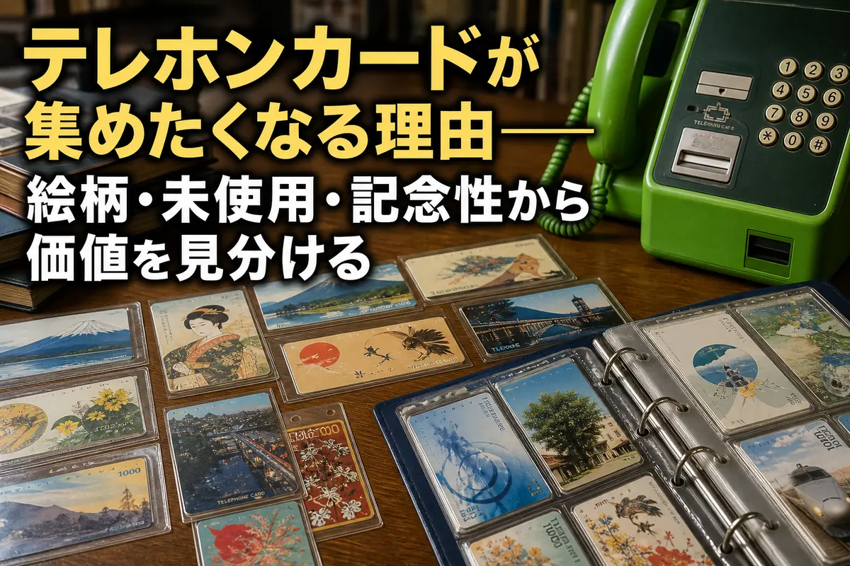 古いテレホンカードと緑の公衆電話を並べたコレクション風景。