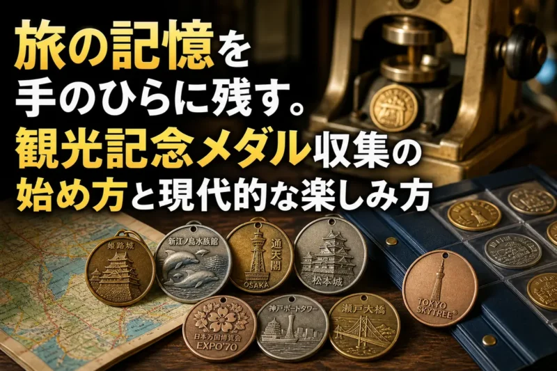 観光地の記念メダルと地図、収集アルバムを並べた様子。