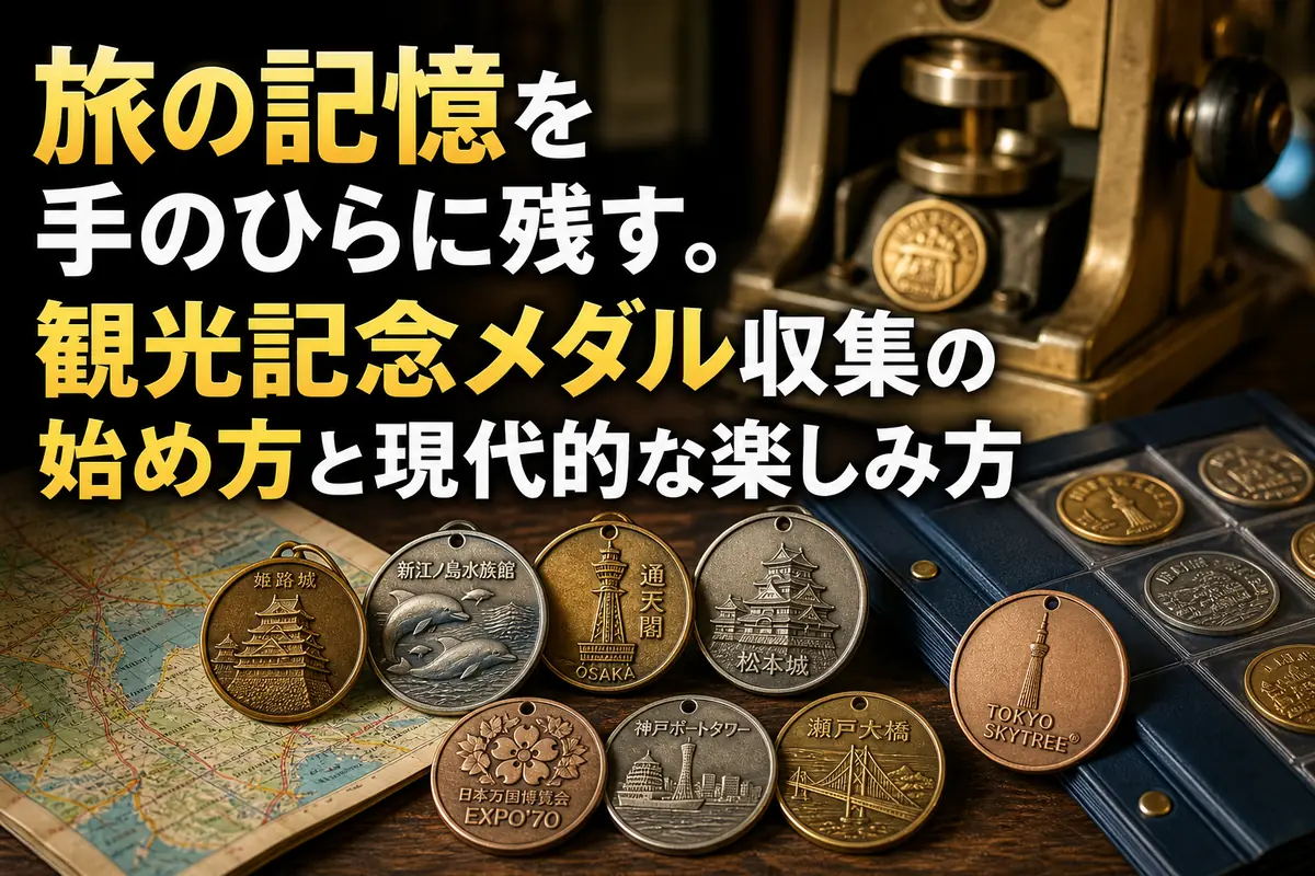 観光地の記念メダルと地図、収集アルバムを並べた様子。