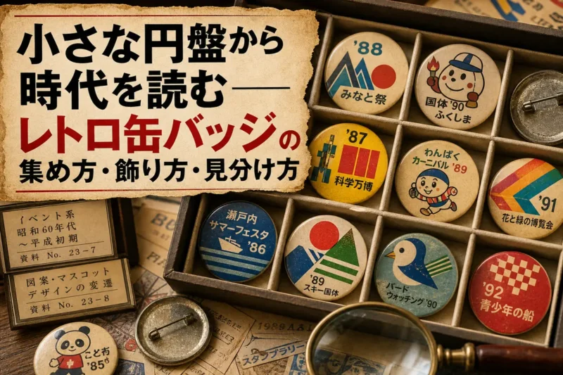 レトロな缶バッジを保存用トレーに並べて観察する様子。