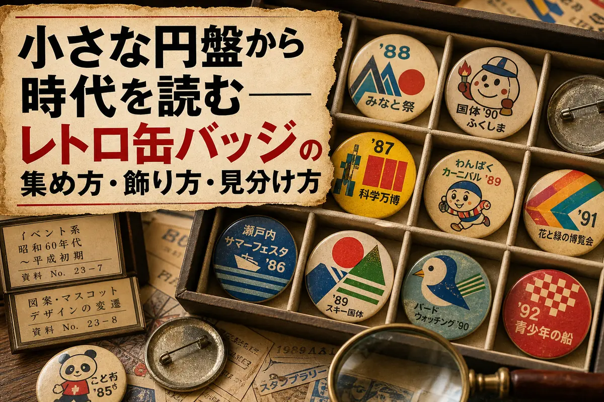 レトロな缶バッジを保存用トレーに並べて観察する様子。