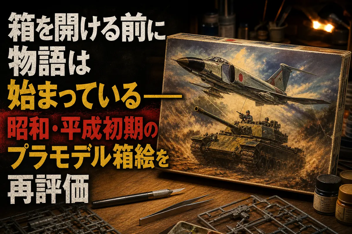 古いプラモデルの箱絵と模型部品を並べた机上の風景。