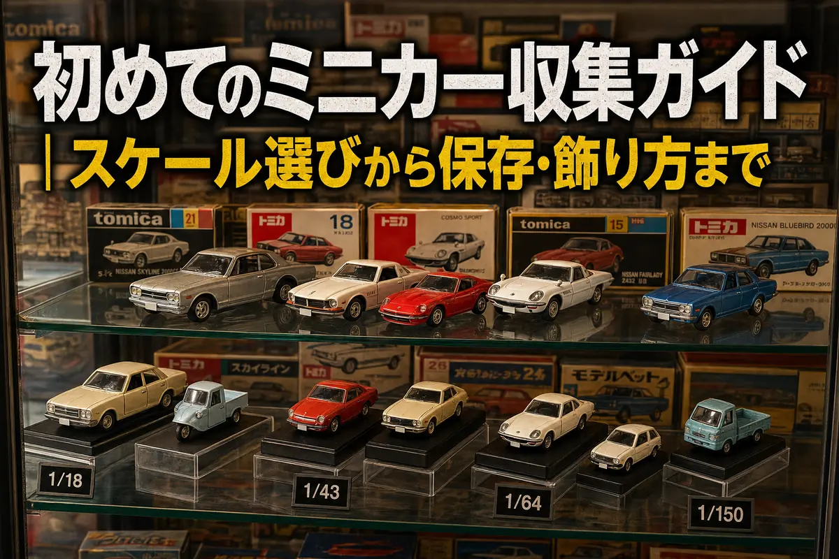 昭和・平成初期風のミニカーをスケール別に整然と飾ったコレクション棚。