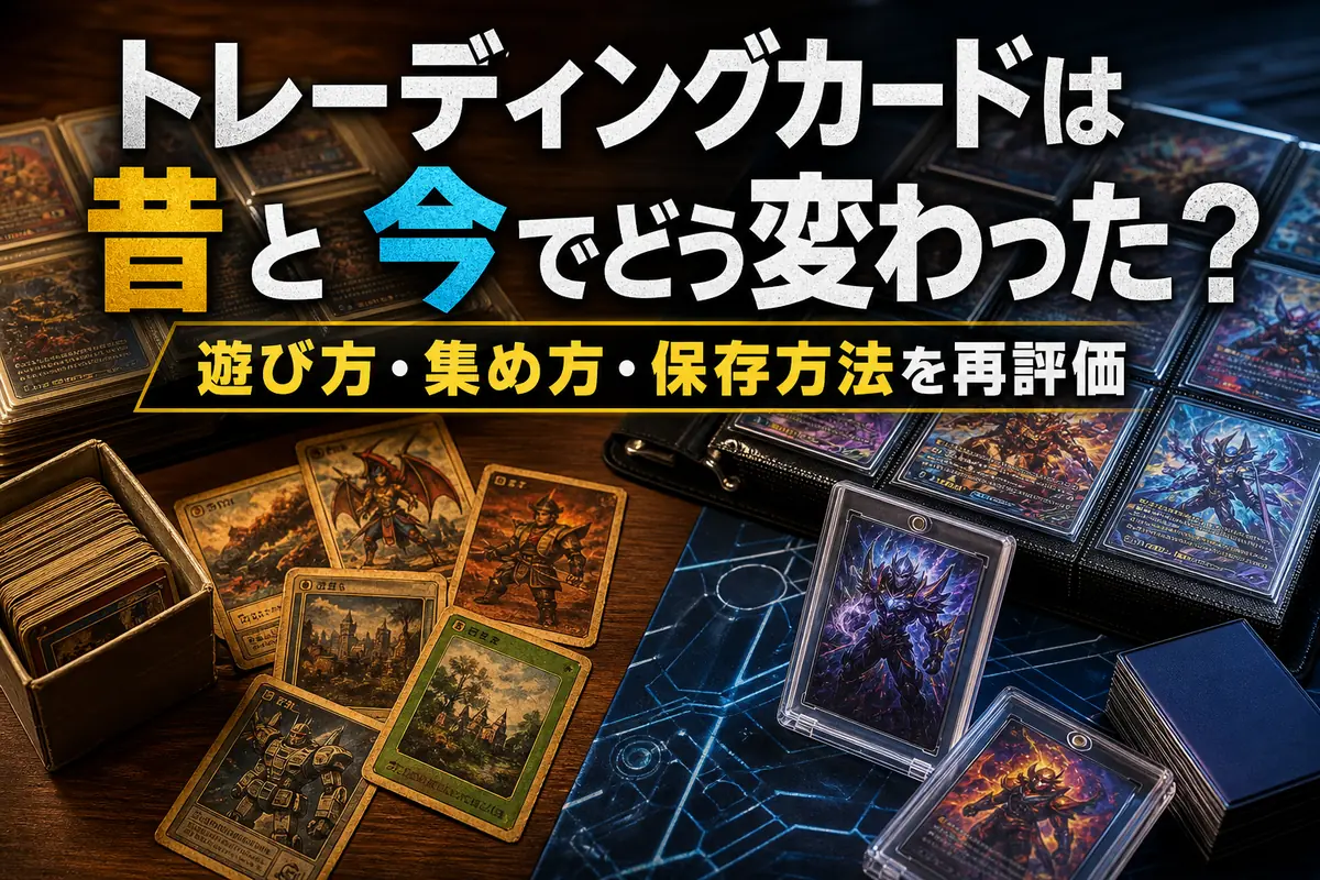 昔のカードと現代の保護用品を並べ、遊び方と保存方法の変化を表現したイメージ。