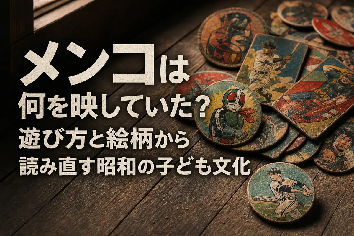 昭和の絵柄が印刷された紙メンコを木の床に並べた様子。