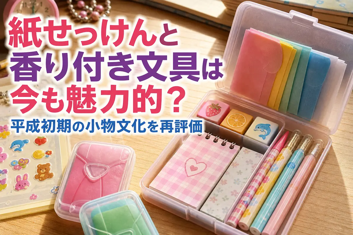紙せっけんや香り付き消しゴムなど、平成初期を思わせる小物を並べた机。