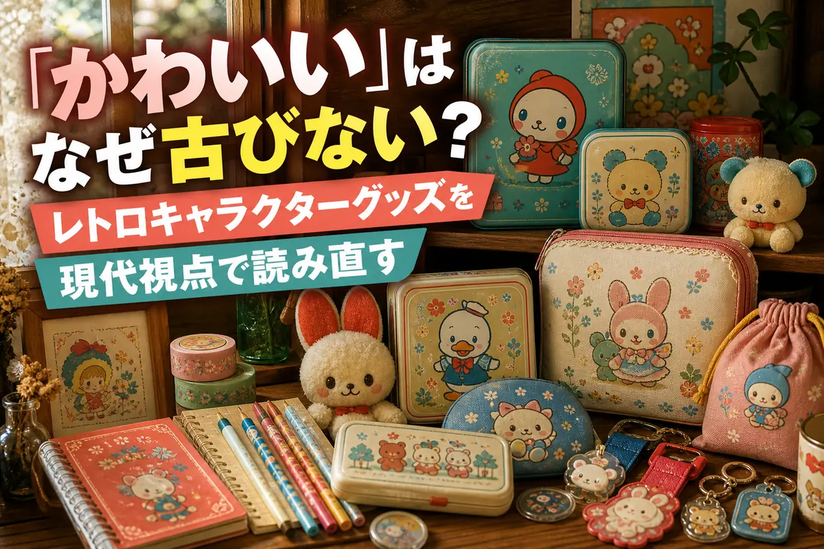 昭和から平成初期を思わせるカラフルなキャラクター雑貨を棚に飾った様子。