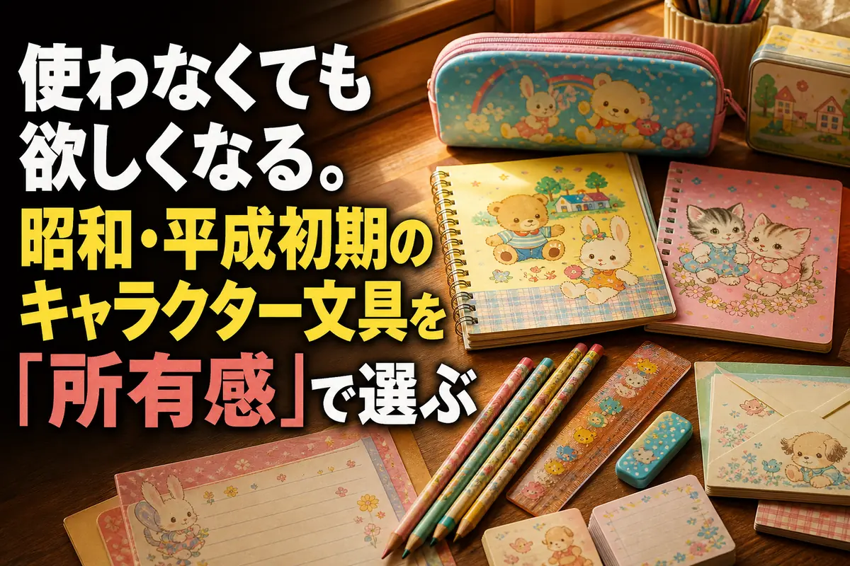 昭和・平成初期を思わせるキャラクター文具を木の机に並べた様子。