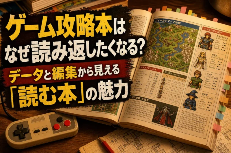 地図やデータ表が載ったゲーム攻略本とゲームコントローラー。