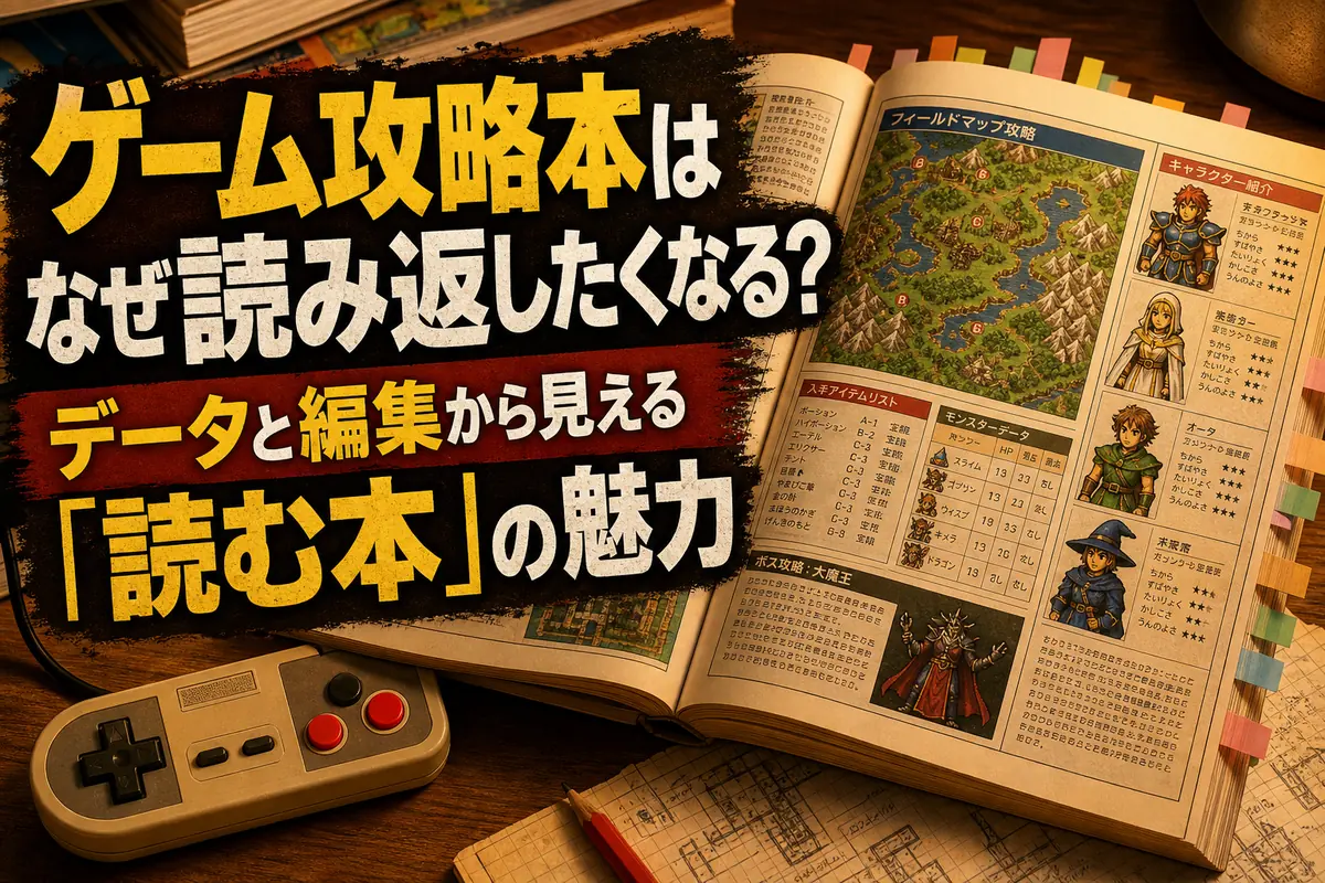 地図やデータ表が載ったゲーム攻略本とゲームコントローラー。