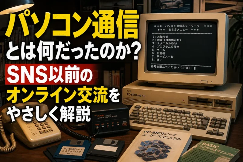 CRT画面とモデム、電話機が並ぶパソコン通信時代の机。