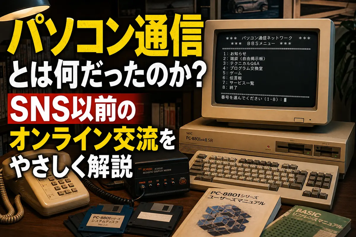 CRT画面とモデム、電話機が並ぶパソコン通信時代の机。