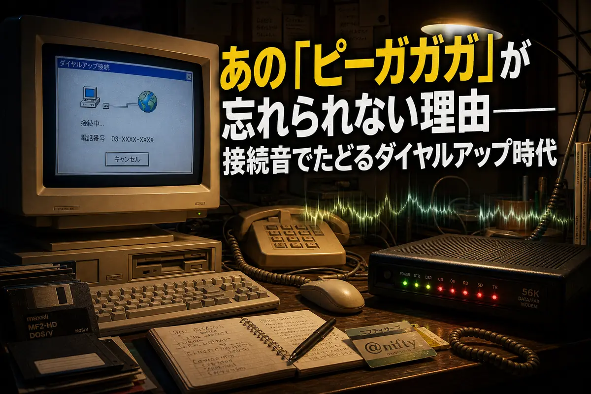 ブラウン管パソコンと外付けモデムが置かれた1990年代風の机。