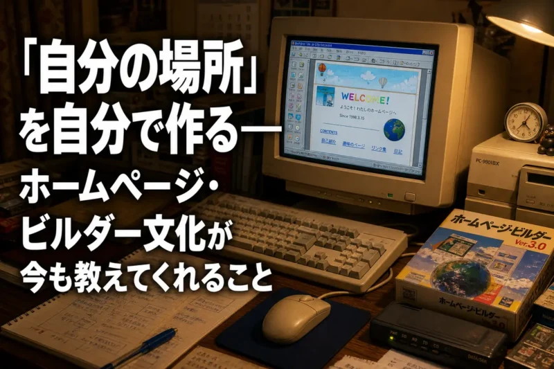 ブラウン管パソコンで個人ホームページを制作している平成初期風の机。