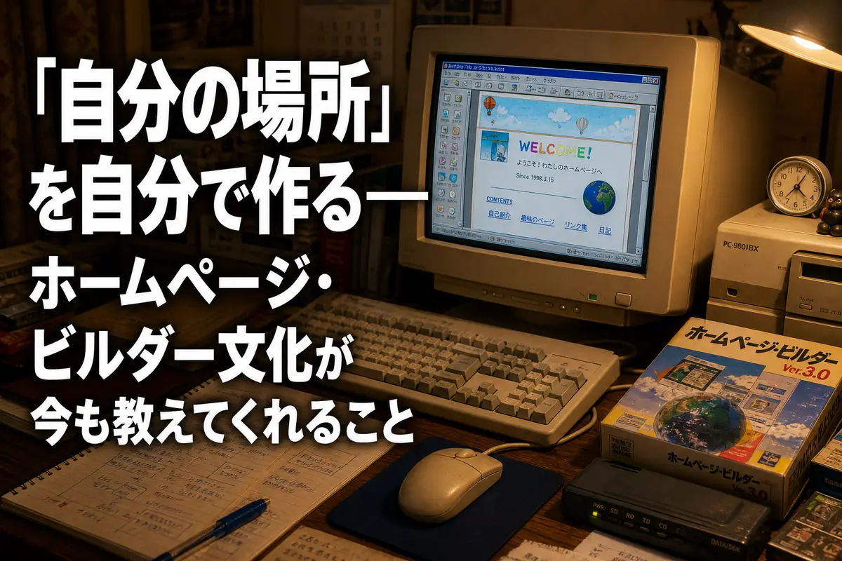 ブラウン管パソコンで個人ホームページを制作している平成初期風の机。