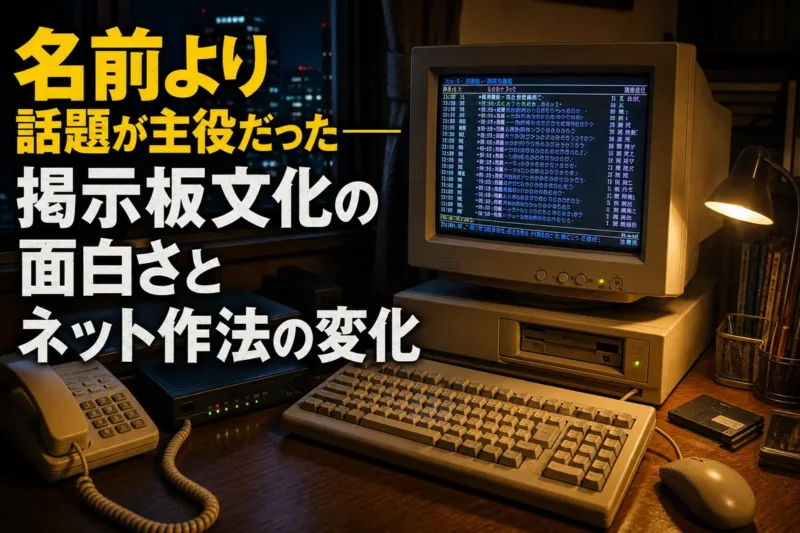 ブラウン管モニターに文字中心の掲示板画面が映る1990年代風のパソコン机。