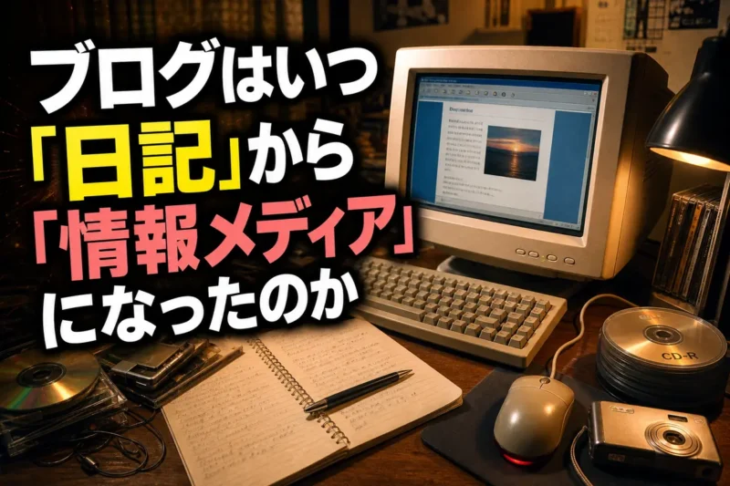 初期ブログを表示したブラウン管パソコンとノートが並ぶ机。