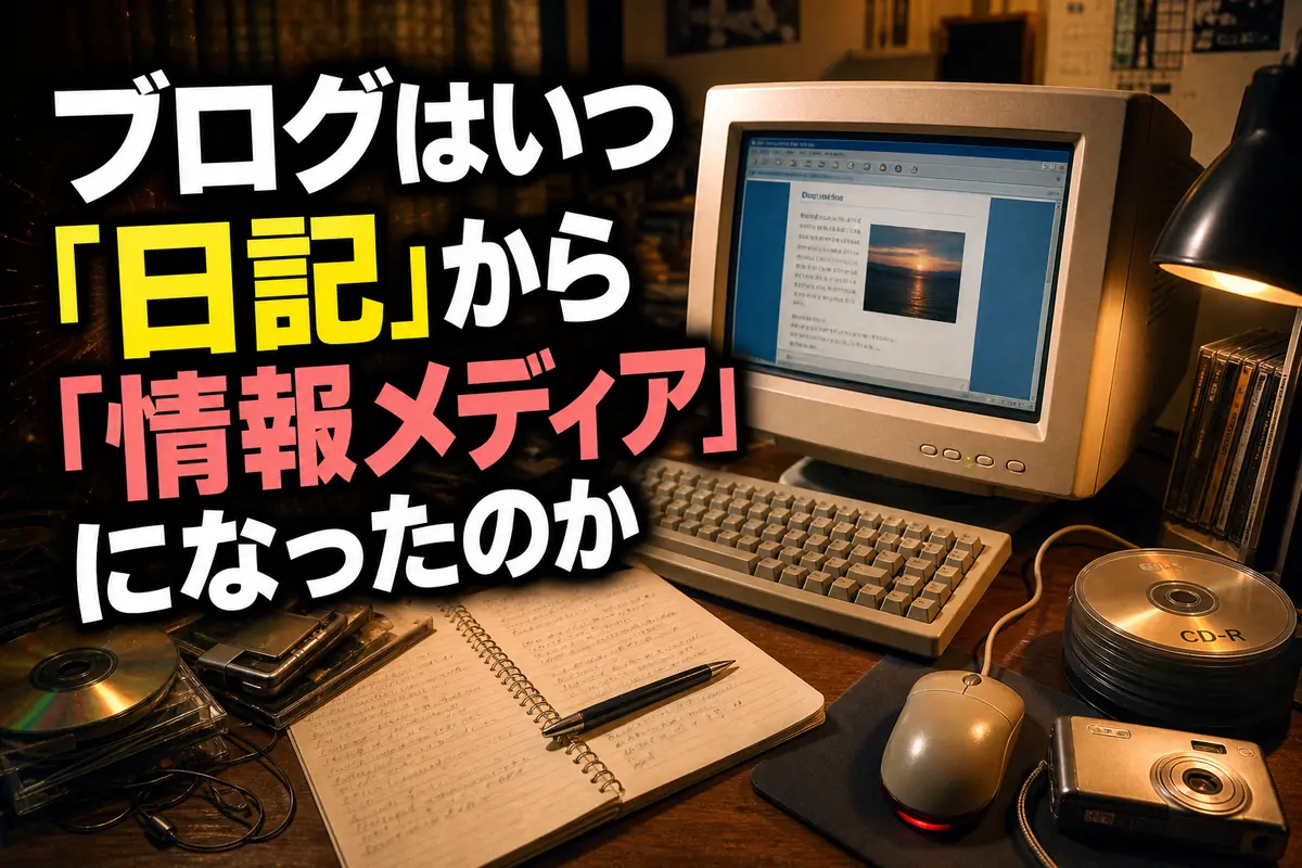 初期ブログを表示したブラウン管パソコンとノートが並ぶ机。