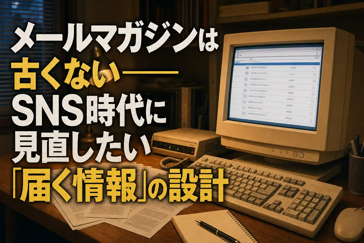 1990年代のパソコンとメール画面を再現したレトロな机上風景。