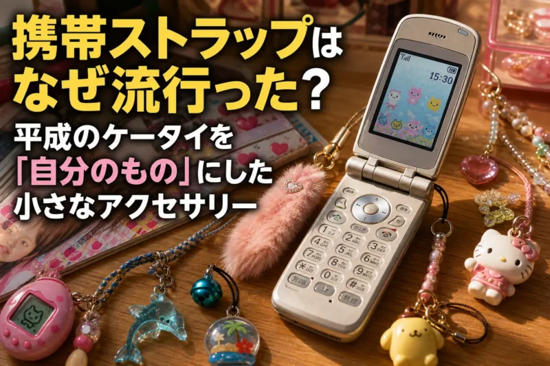 色とりどりの携帯ストラップを付けた平成時代の折りたたみ携帯電話。