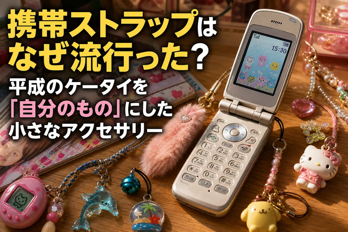 色とりどりの携帯ストラップを付けた平成時代の折りたたみ携帯電話。