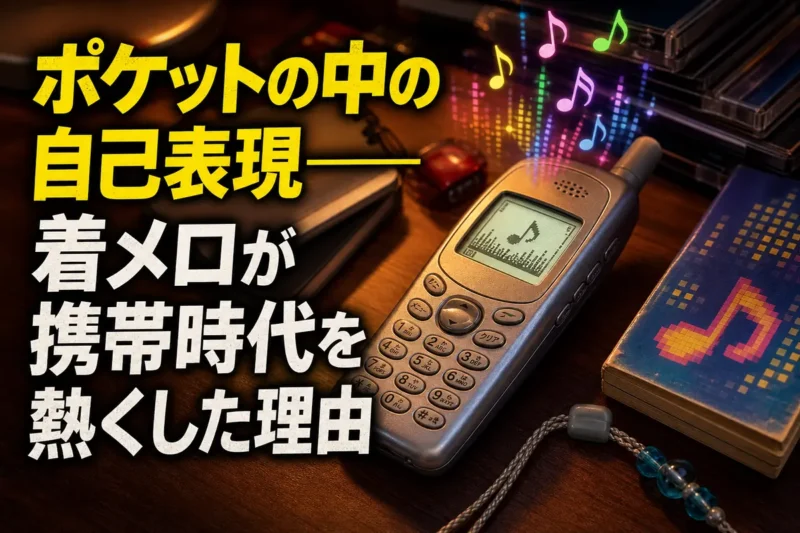 着メロを再生する平成期の携帯電話と電子音を表すイメージ。