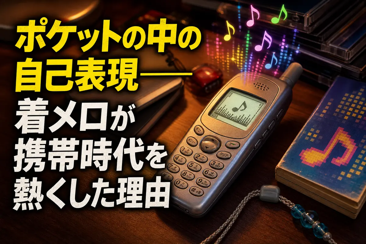 着メロを再生する平成期の携帯電話と電子音を表すイメージ。