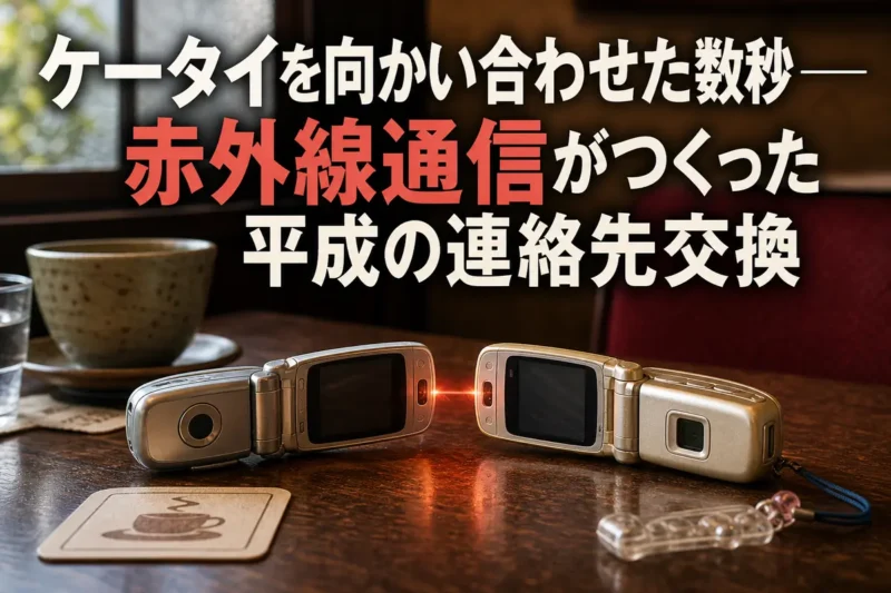 2台の平成期の折りたたみ携帯電話を向かい合わせて赤外線通信する様子。