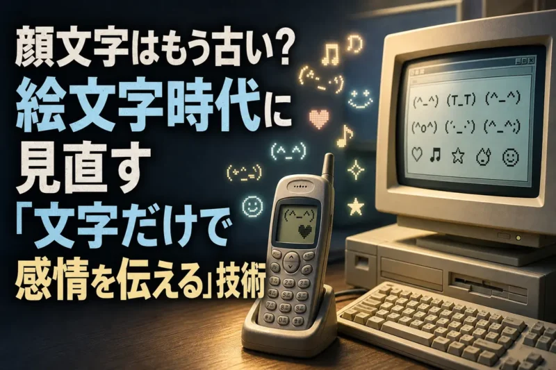 古い携帯電話とパソコンの画面に顔文字や小さな絵文字が浮かぶ様子。