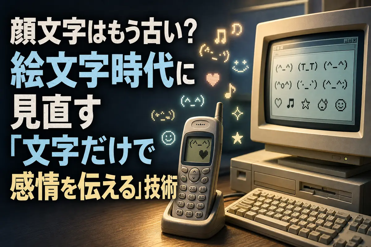 古い携帯電話とパソコンの画面に顔文字や小さな絵文字が浮かぶ様子。